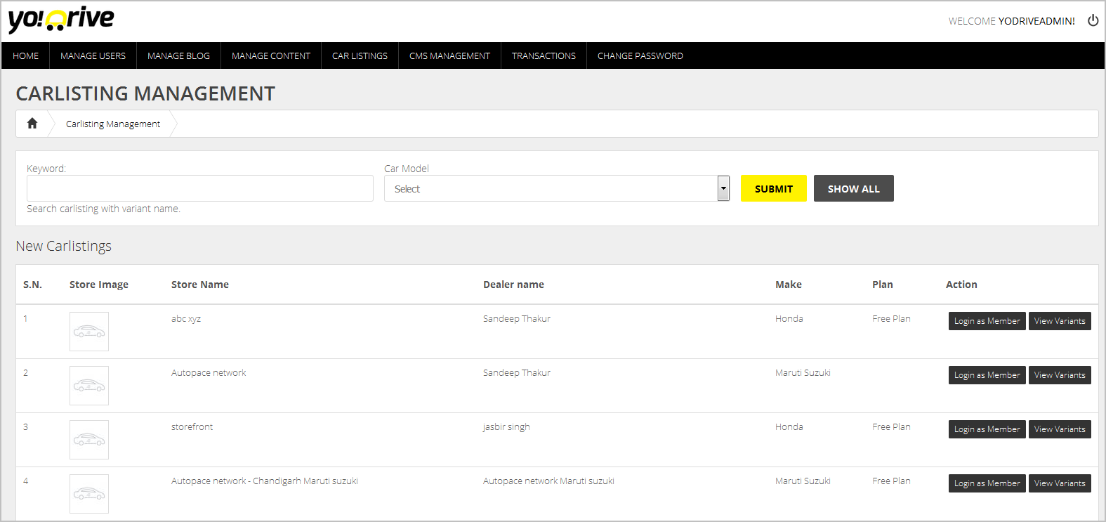 admin car listing management