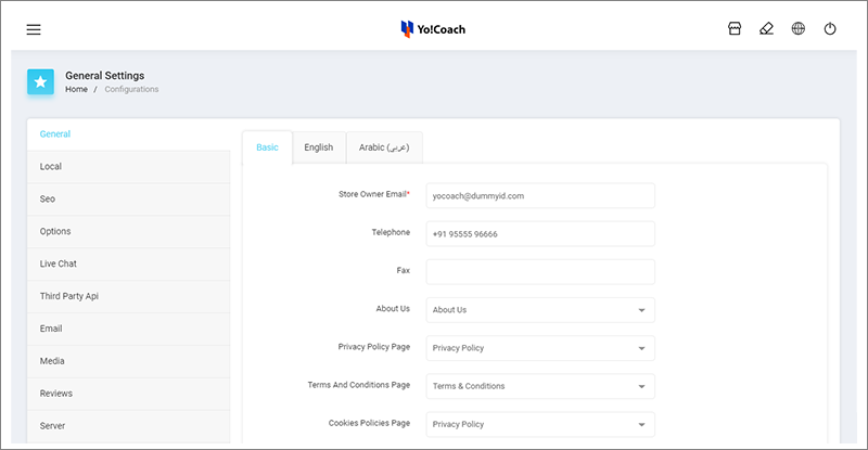 settings tab for Admin